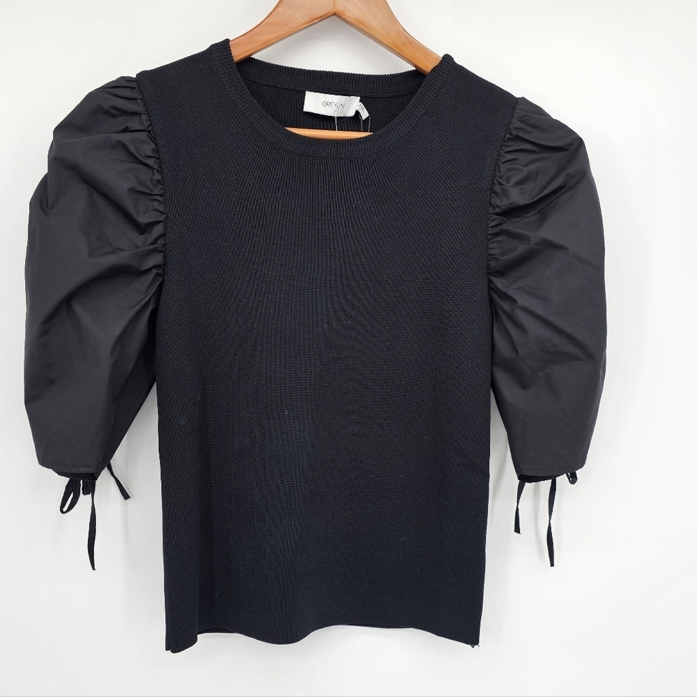 Greylin Black Bodycon Rouch Puff Sleeve Knit Top Womens Size Medium New